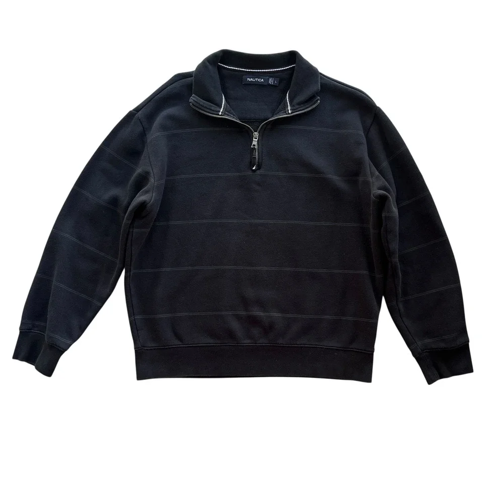 Nautica Mens Sz L Black Shadow Stripe Quarter Zip Pullover Fleece Sweater Preppy